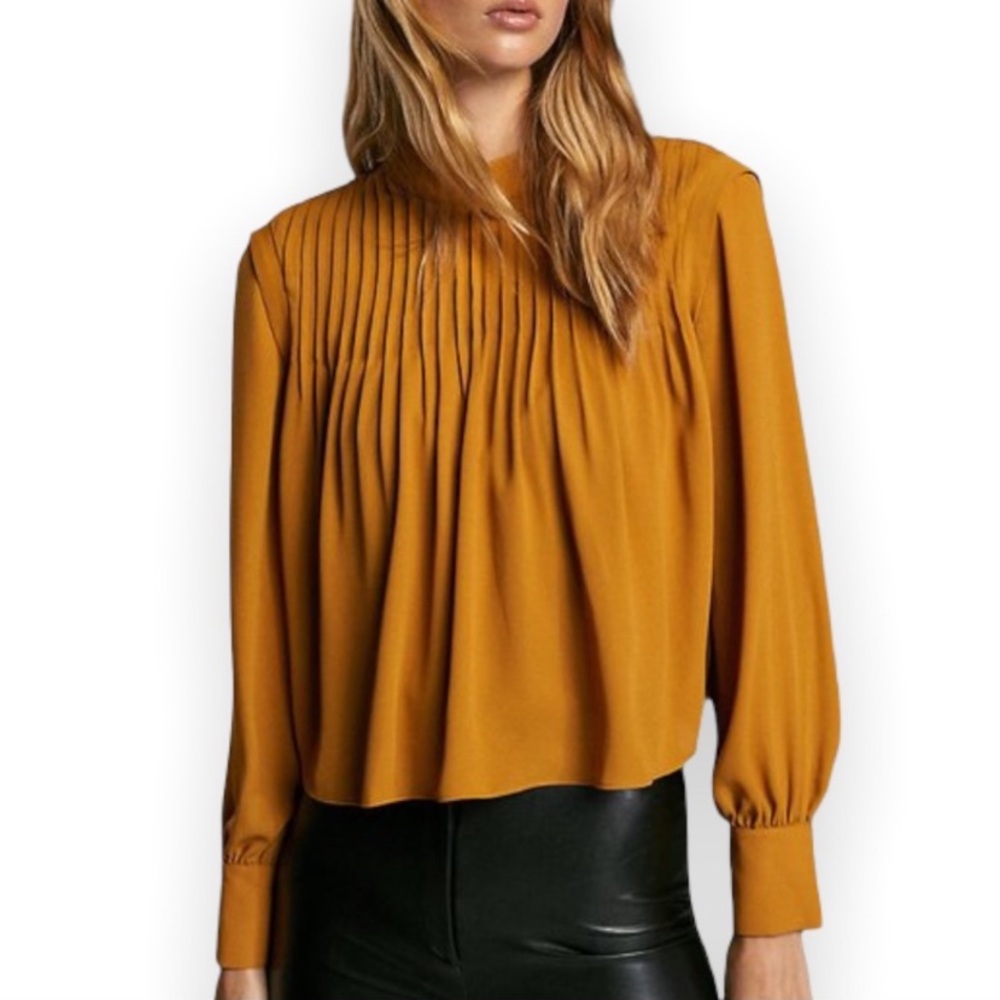 Babaton Pleated Mustard Long-Sleeve Blouse